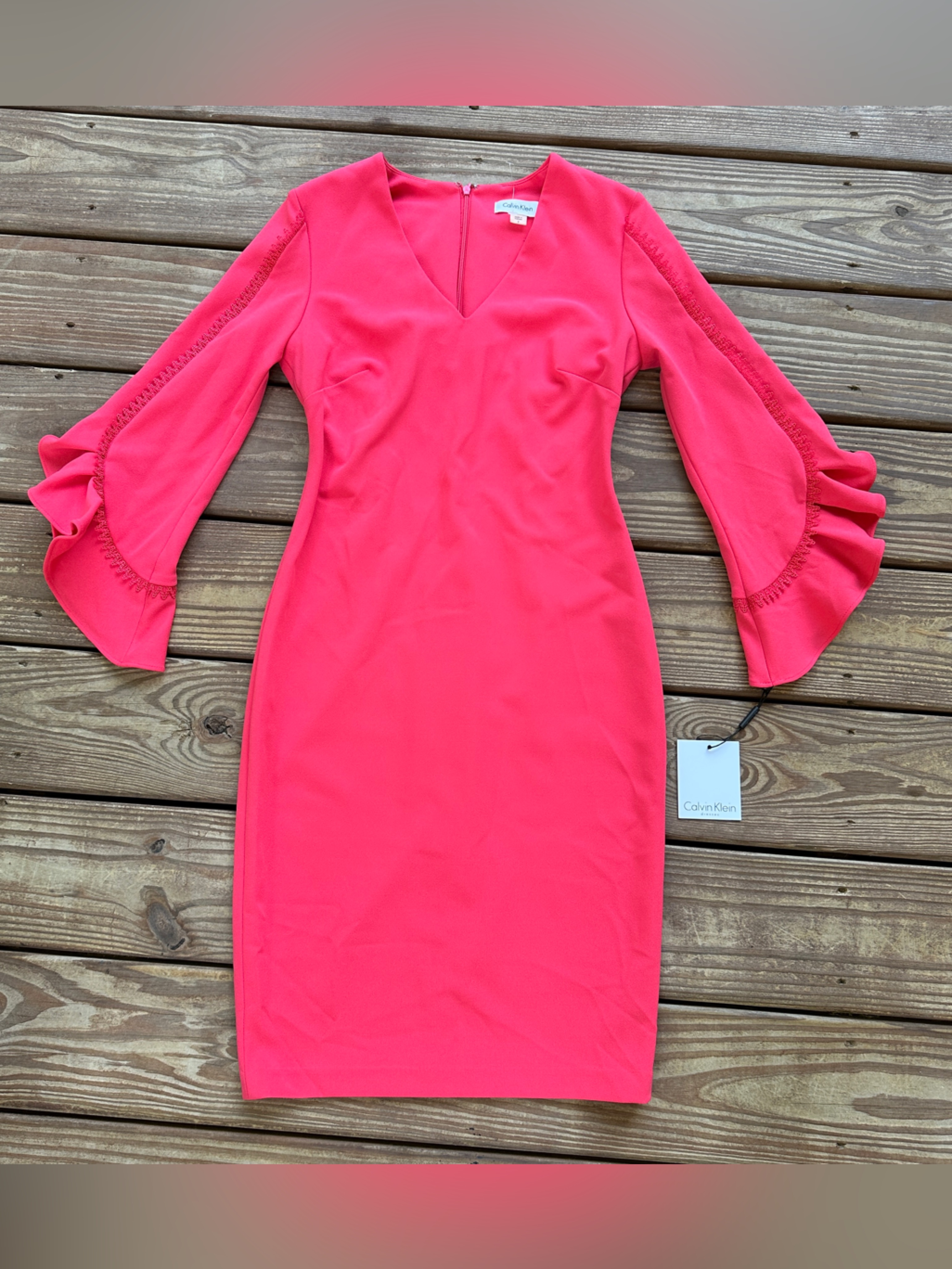 Calvin Klein Hot Pink Bell Sleeve Sheath Dress Nwt Size 2